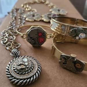 Ruby encrusted vintage watch movement jewelry collection with Swarovski crystals